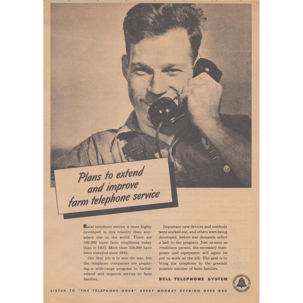 1945 Bell Telephone Vintage Print Ad Farm Telephone Service Rural America MCM
